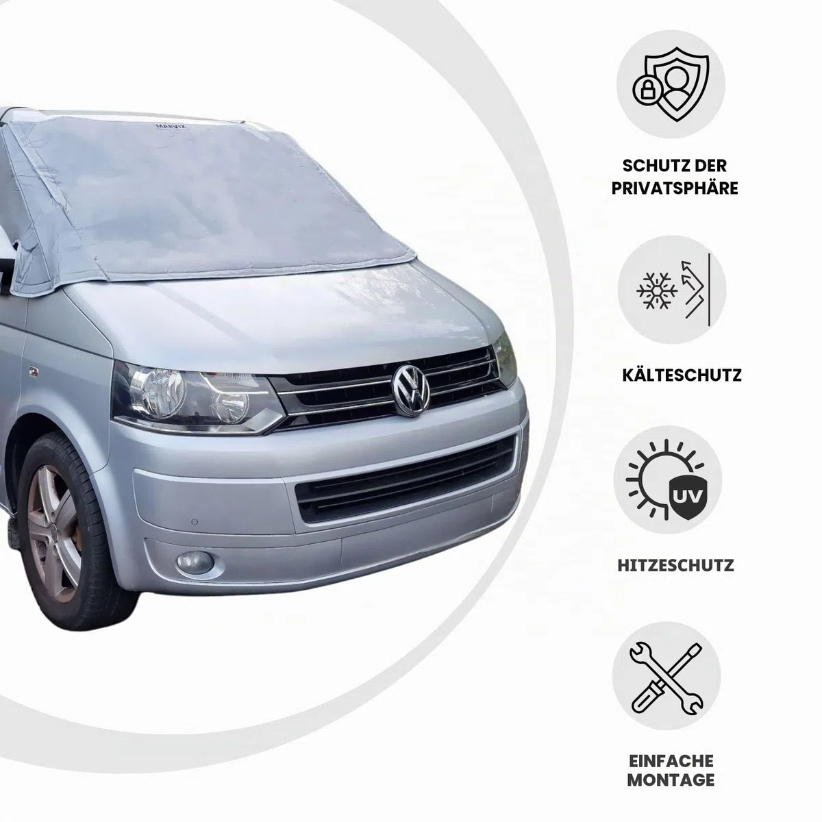 MARVIX VW T5 T6 Thermo-Schutzabdeckung für Außen-Windschutzscheibe Silber-Blenden Premium Mehrschichtiges Material Van-Blackout-Kabine Bildschirm Transporter Wohnmobil