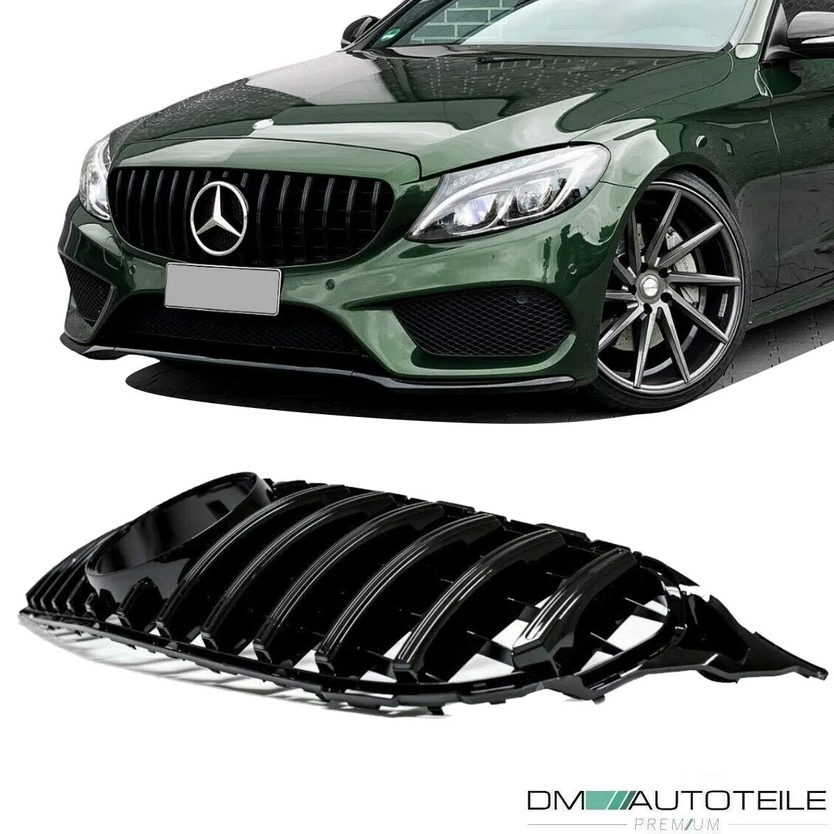 DM Autoteile 2227 Kühlergrill Grill Schwarz Glanz kompatibel für Mercedes C Klasse W205 S205 14-18 auf Sport-Panamericana GT