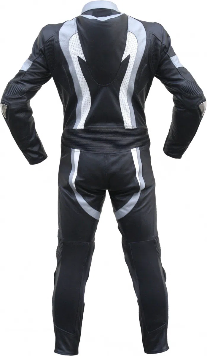 German Wear Motorradkombi Herren Lederkombi Motorrad Rennkombi aus Kalbsleder mit Rückenhöcker Protektoren an Schienbein und Unterarm Knieschleifer Atmungsaktiv Schwarz/Grau/Weiß, Größe:48