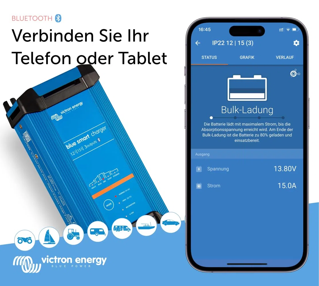 Victron Energy Blue Smart Batterie Ladegerät 12-Volt 15 Ampere 230V - Autobatterie Ladegerät - Batterieerhaltungsgerät und Desulfator - IP22 Geschützt - Bluetooth - 3 Ausgänge - CEE 7/7
