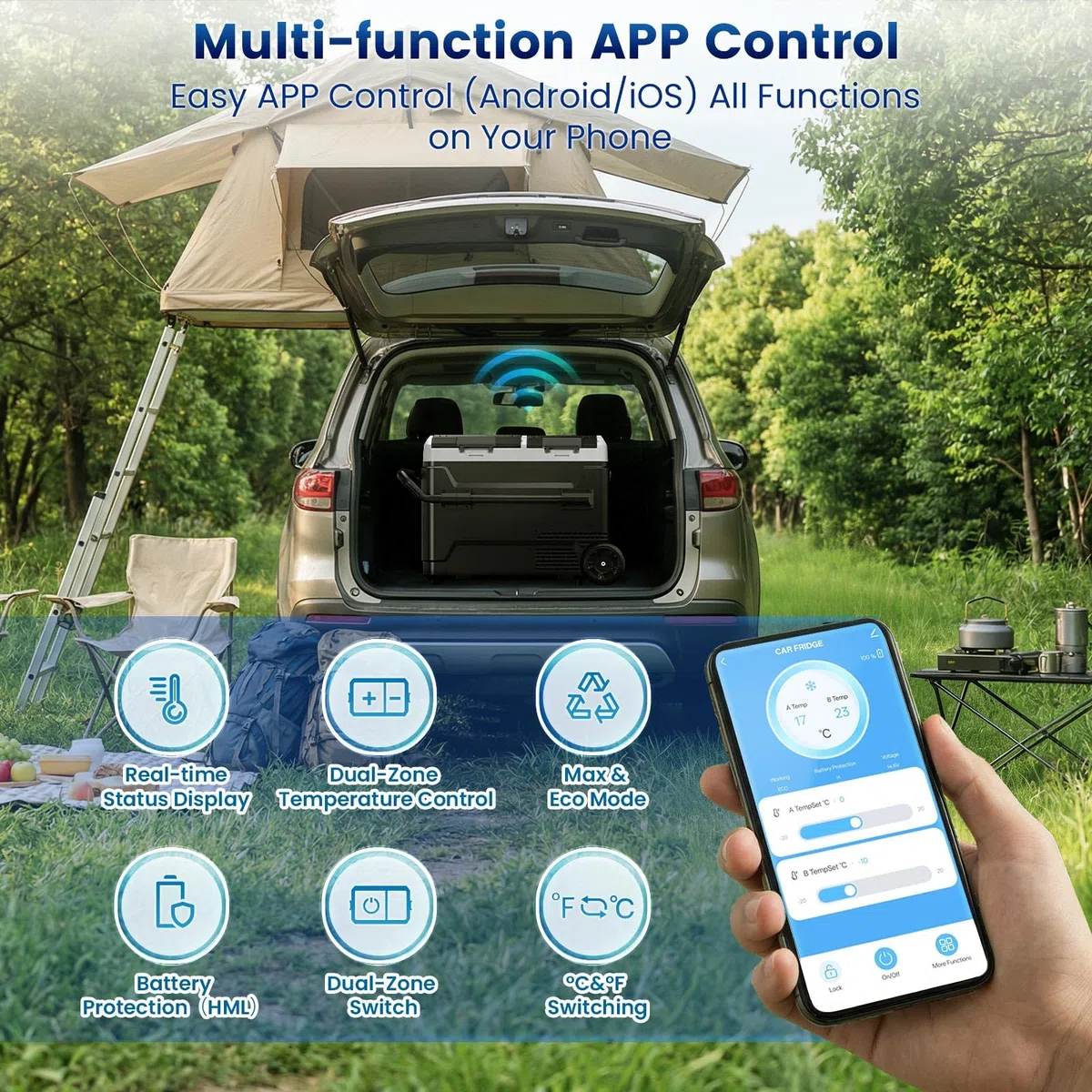 50L Kompressor Kühlbox Bluetooth-App 2× Temperaturregelung -20°C bis 20°C 12V/24V/230V Leise 45 dB Auto Caravan Camping