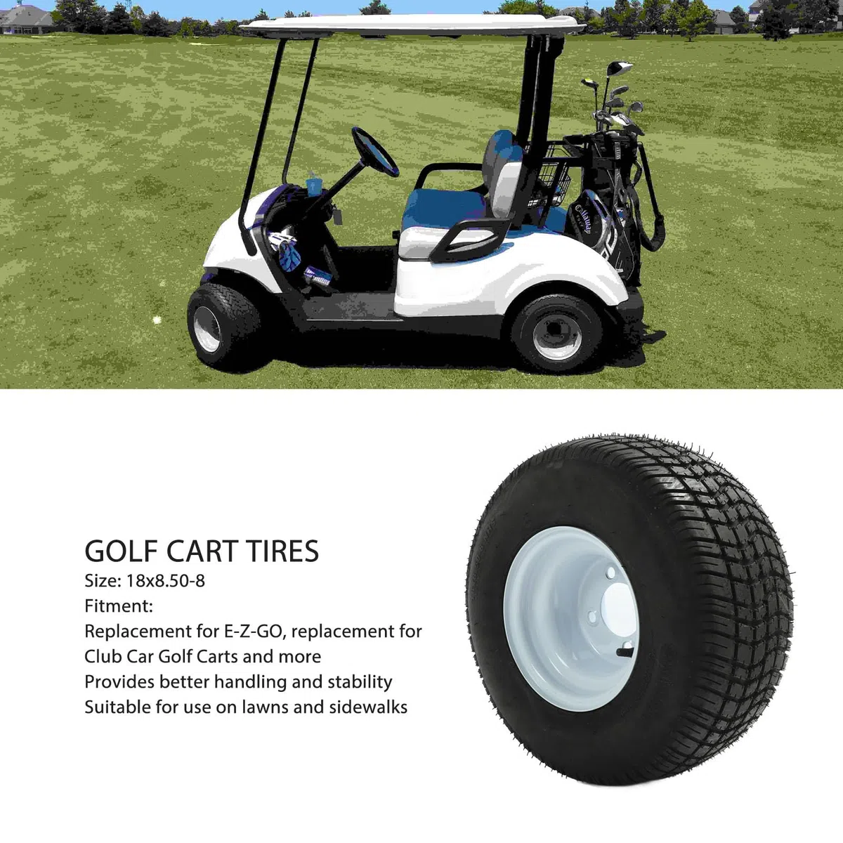Bnineteenteam Cart-Reifen- und Rad-Kombination, 18 X 8,50-8 Cart-Reifen, Gummi, Besseres Handling, Cart-Reifen- und Rad-Baugruppe, Ersatz für E Z GO Carts