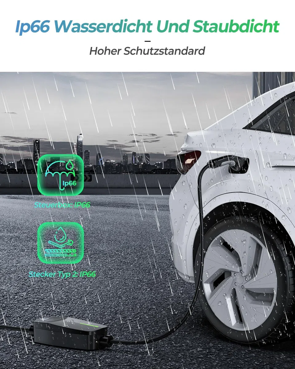 EVDANCE Typ 2 Ladekabel Schuko für Elektroauto 3,68kW[1-phasig, 6.1m, 6-16A] Ladekabel Elektroauto Typ 2 Schuko für Elektroauto & Hybrid(PHEV/EV) - Schwarz