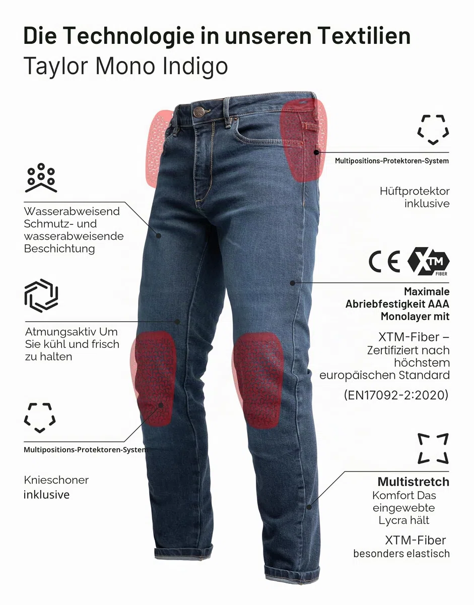 John Doe Taylor Monolayer XTM Motorrad Jeans Stretch Atmungsaktiv mit Protektoren