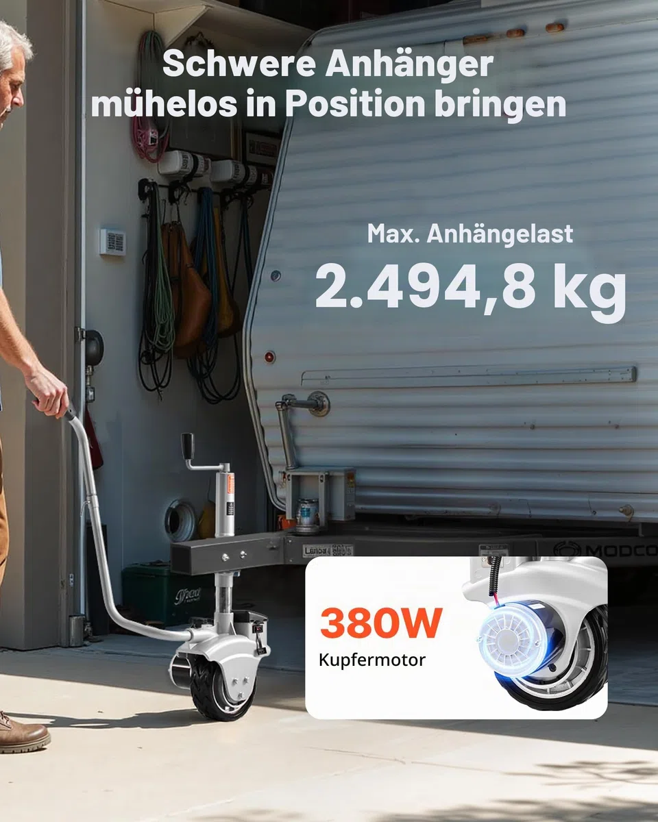 VEVOR Elektrische Rangierhilfe, 2,5 T Anhängelast, 380 W 12 V motorisiertes Stützrad mit 7 m/min Bewegungsgeschwindigkeit, einstellbare Klemmhöhe & Gummireifen, zum Bewegen von Wohnwagen & Booten