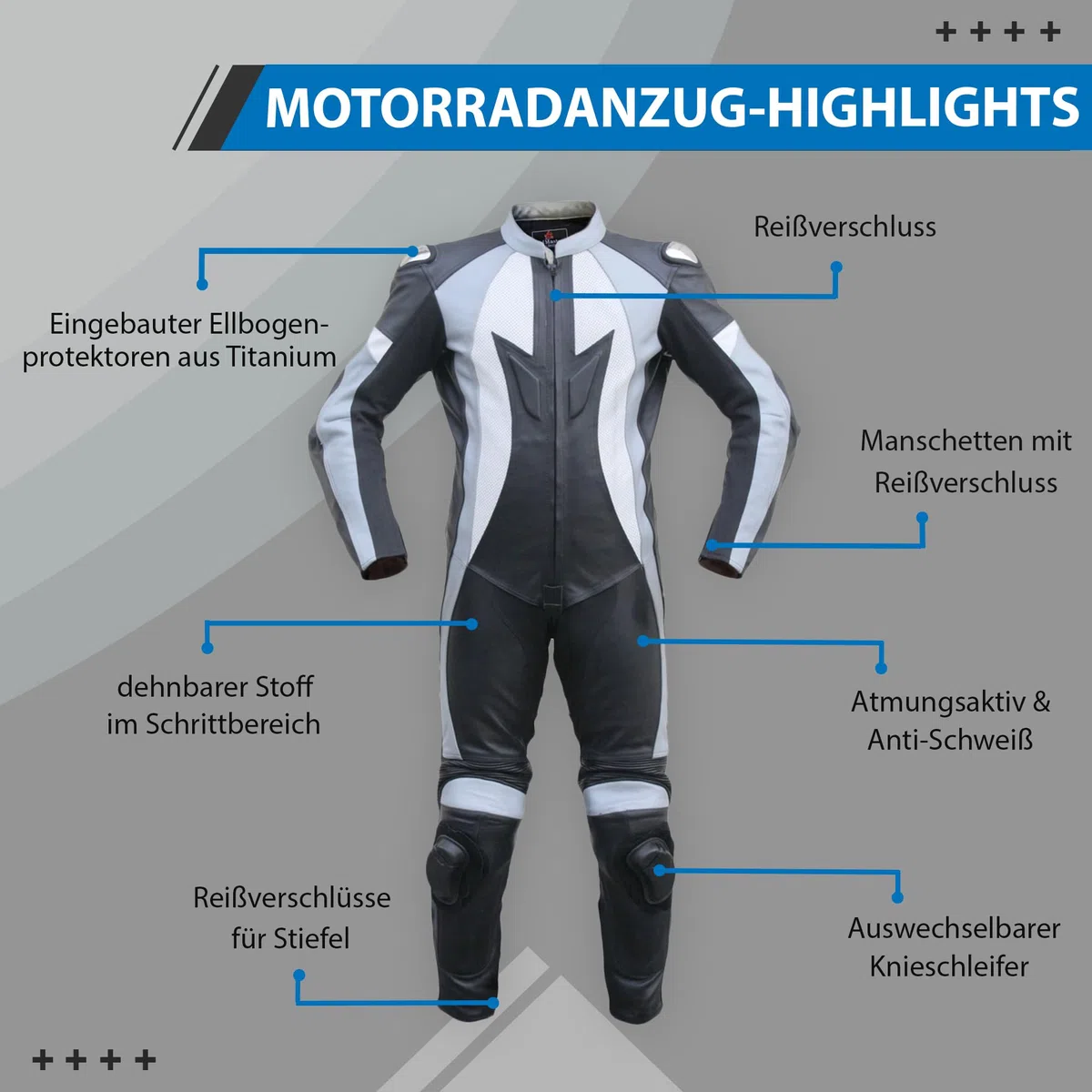 German Wear Motorradkombi Herren Lederkombi Motorrad Rennkombi aus Kalbsleder mit Rückenhöcker Protektoren an Schienbein und Unterarm Knieschleifer Atmungsaktiv Schwarz/Grau/Weiß, Größe:48
