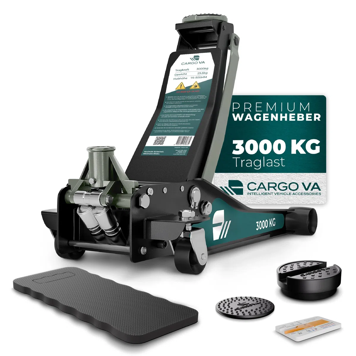 CargoVA Wagenheber 3T hydraulisch | Flacher Wagenheber mit 75-505mm Hubhöhe | Profi-Toolkit inkl. Kniematte & 2X Gummiauflagen | Ideal für SUV & tiefergelegte Autos | Rangierwagenheber Reifenwechsel