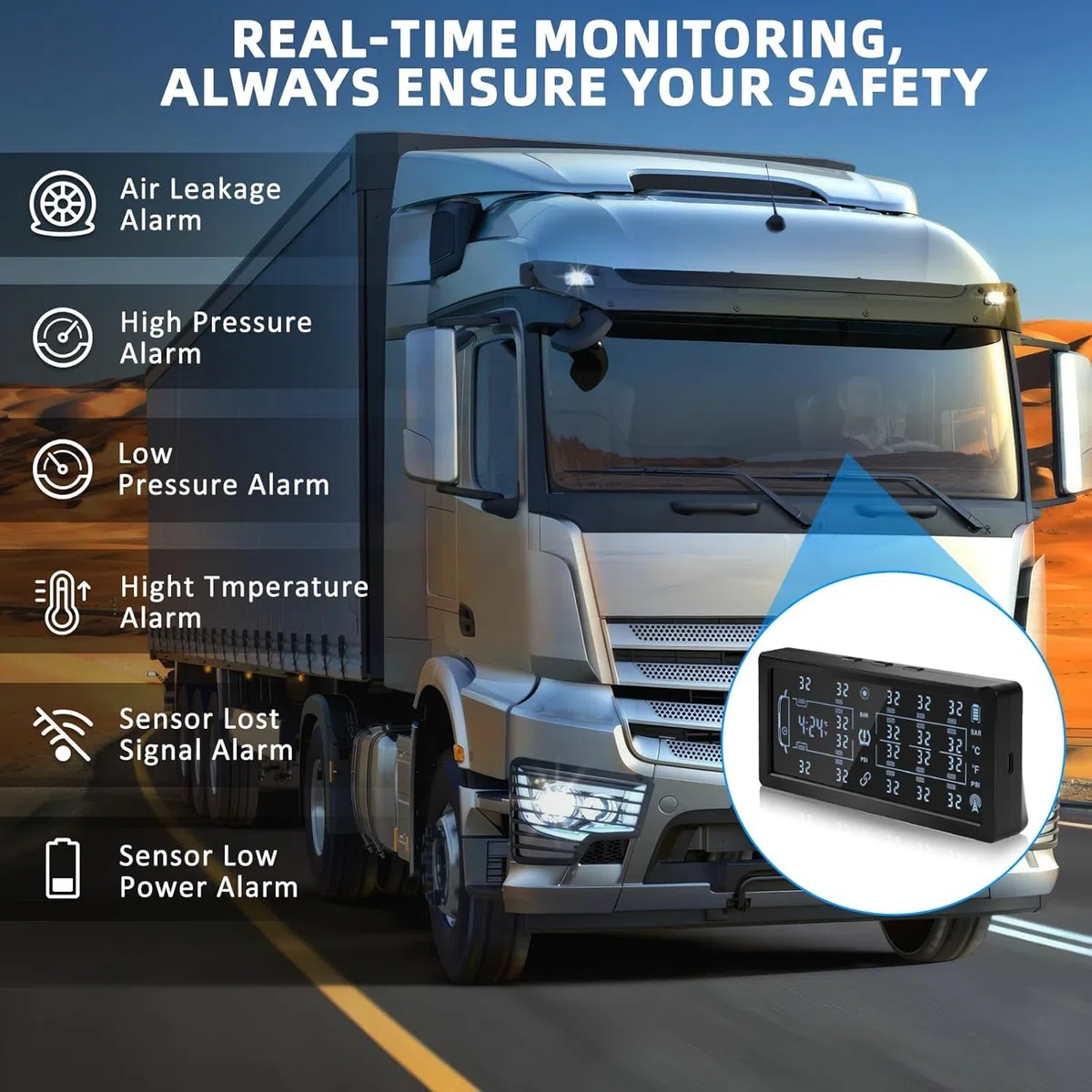 0-188PSI TPMS für 4-6-8-10 Räder Reifendruckkontrollsystem Solar USB Aufladen Reifendruckmonitor mit 8 externen Sensoren, LCD-Display and Sprachalarm, Passt Auto LKW Anhänger Wohnwagen