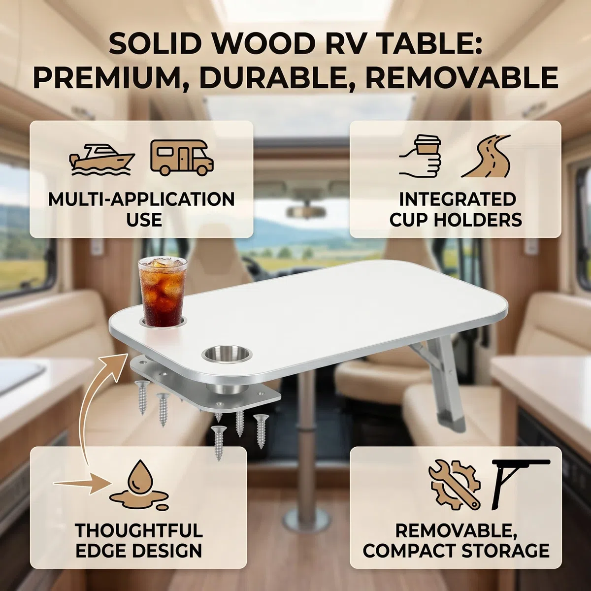 Cocoarm Abnehmbarer Rechteckiger Wohnmobil-Tisch, Marine-Tischplatte aus Massivem Holz, 400 X 800 Mm, mit 2 Getränkehaltern, wasserdichte Oberfläche, Schraubbefestigung für Wohnmo (Beige)