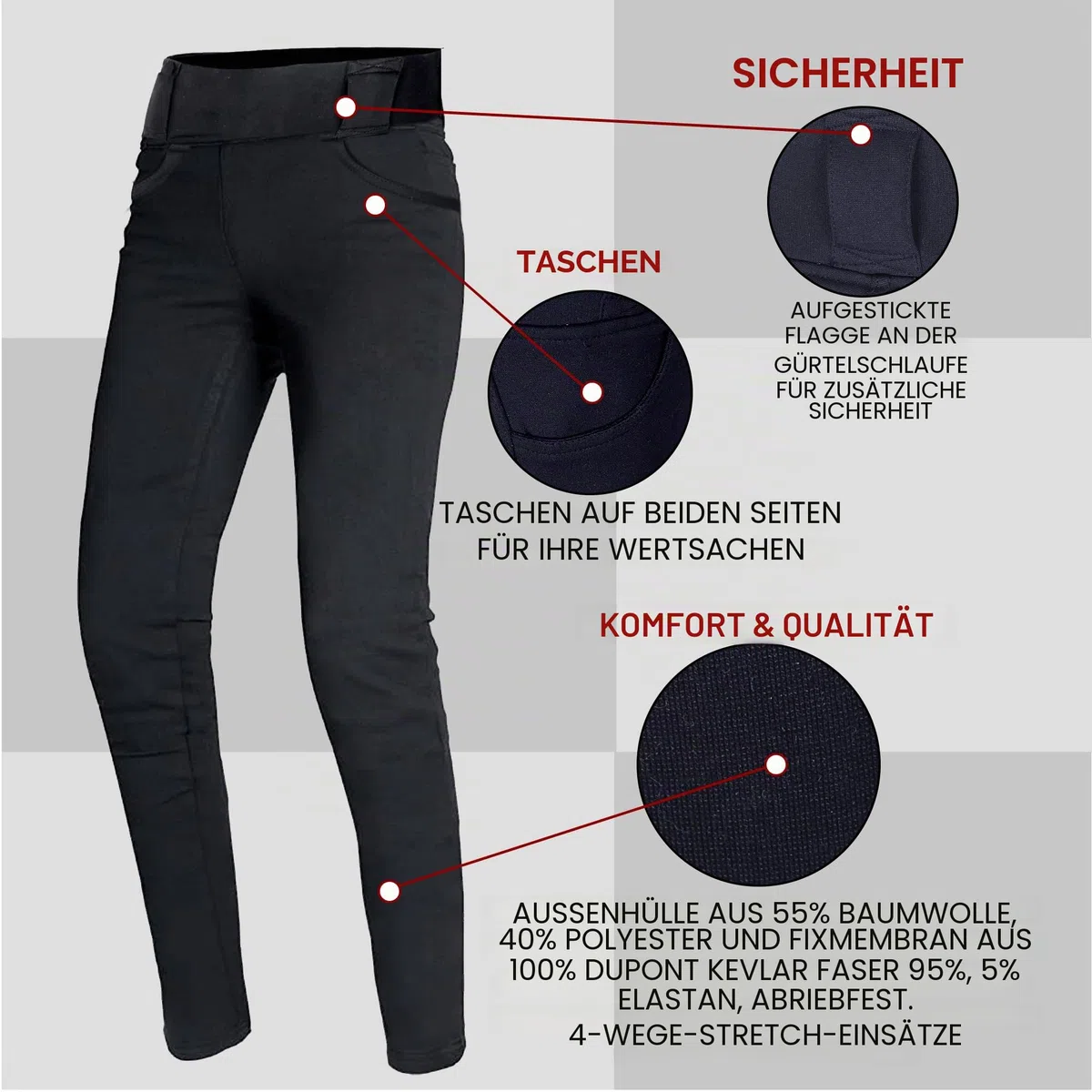 Bikers Gear Australia Damen Motorrad-Leggings mit Kevlar gefüttert, mit abnehmbarer CE-Protektoren.