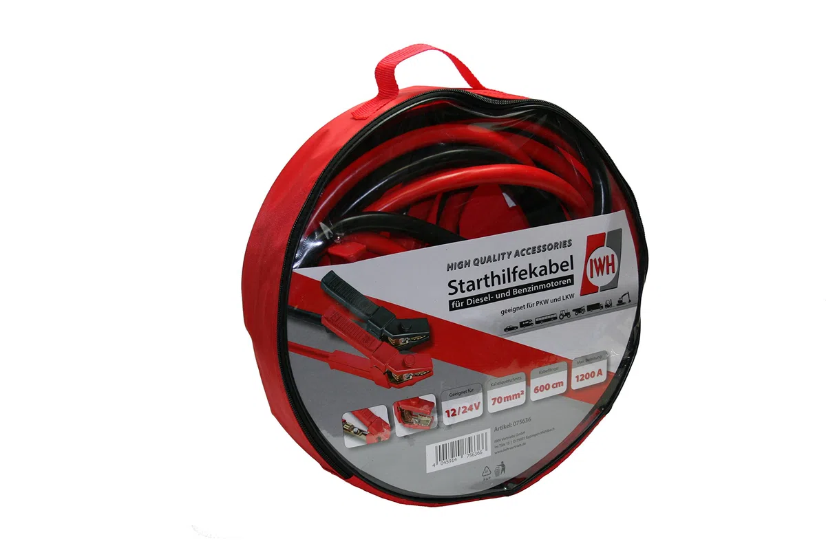 IWH - 6m Starthilfekabel Alu-Kupfer 70 mm² | Profi Starterkabel für 12- & 24 Volt Batterien | Auto Starterkabel für PKW & LKW Batterien | Inhalt: 1x Starthilfekabel; 1x Tasche | Länge: 6m