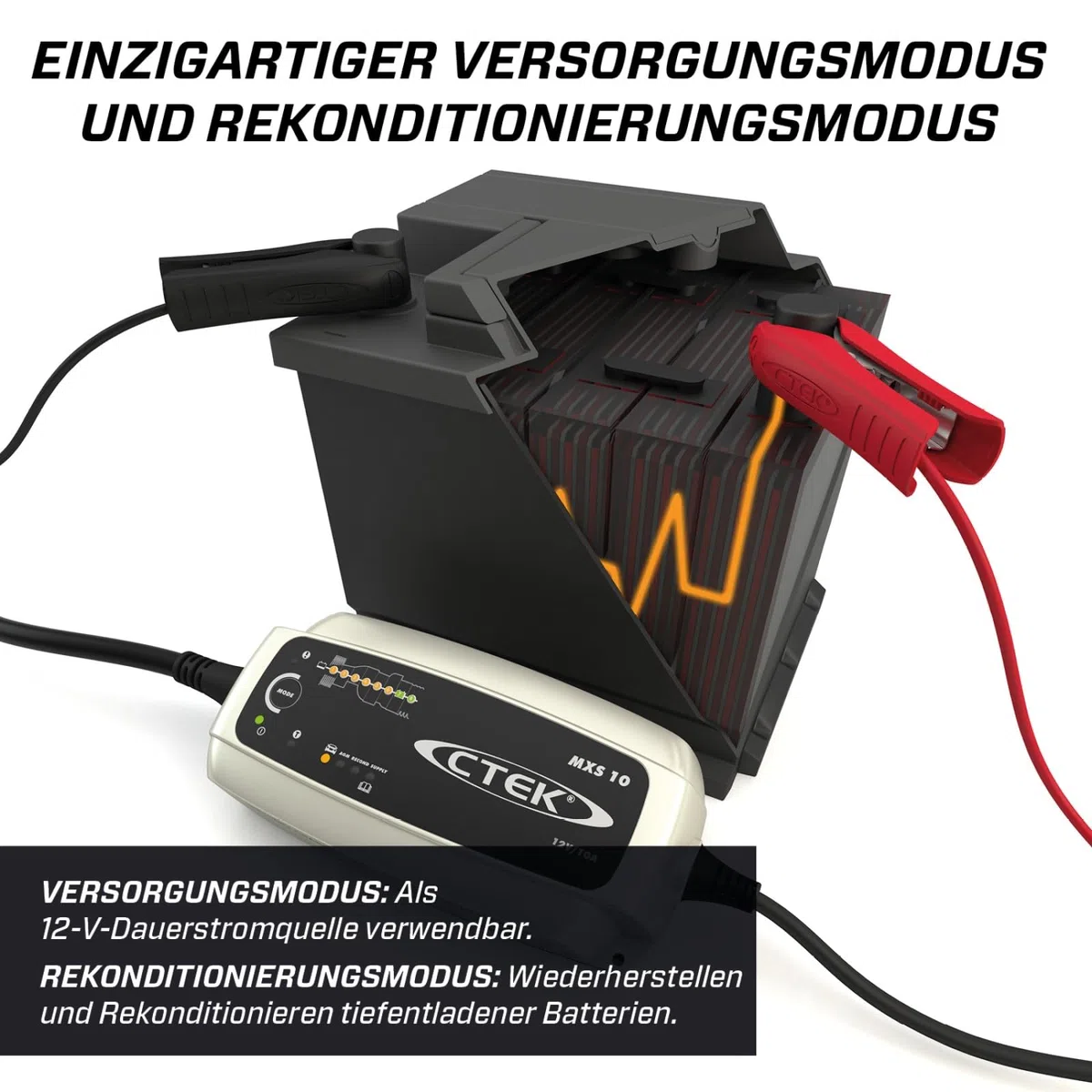 CTEK MXS 10 Batterieladegerät für Größere Fahrzeugbatterien, Batterieladegerät Boot, Wohnwagen, Schwarz, Silber, Rot
