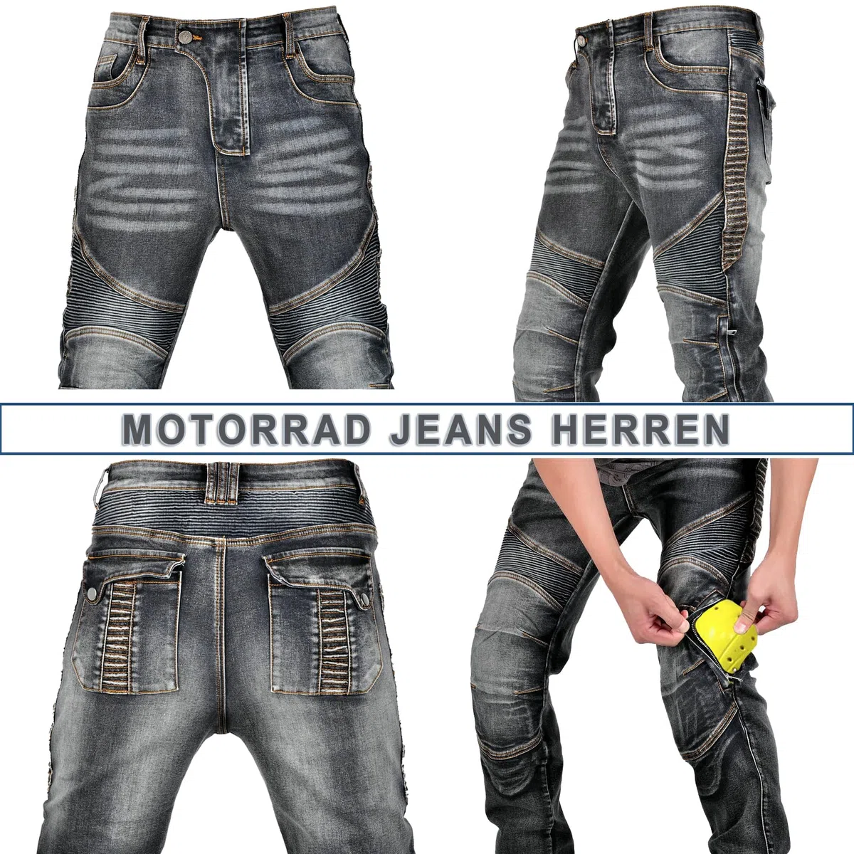 Motorradhose Herren, Motorrad Jeans Herren mit Protektoren, Aramidfaser Jeans Motorrad, Motorrad Hose mit Oberschenkeltaschen