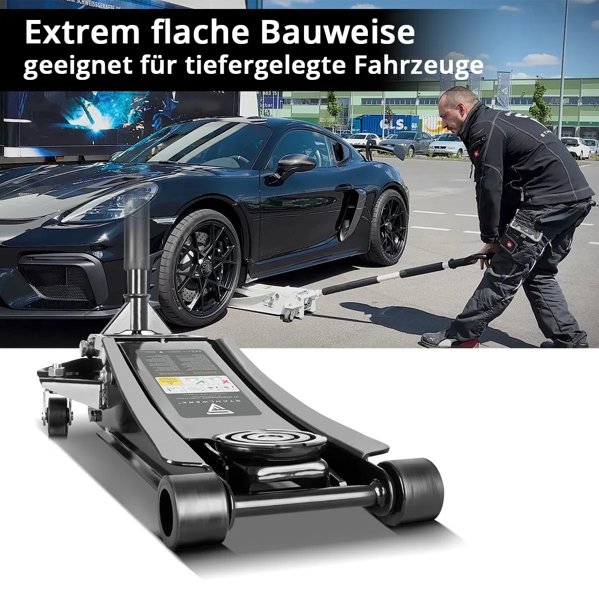 STAHLWERK Hydraulischer Wagenheber mit 3 t Tragkraft – extra flach, 73-500 mm Hubbereich, gummierte Rollen, Doppelhubkolben, Rangierwagenheber, Hydraulik-Wagenheber, schwarzer Autoheber (WHB-73 ST)