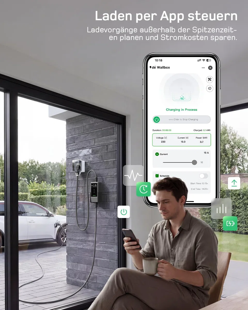 dé Typ 2 Ladekabel Schuko mit APP 3,7kW [7m, 6-16A, 1-phasig] Ladekabel Typ 2 Schuko mit Fernsteuerbarer Leistung - EV Charger 3,7kW für e Auto ID.3/4/5/7, Model Y/3, ENYAQ und Anderen PHEV/EV