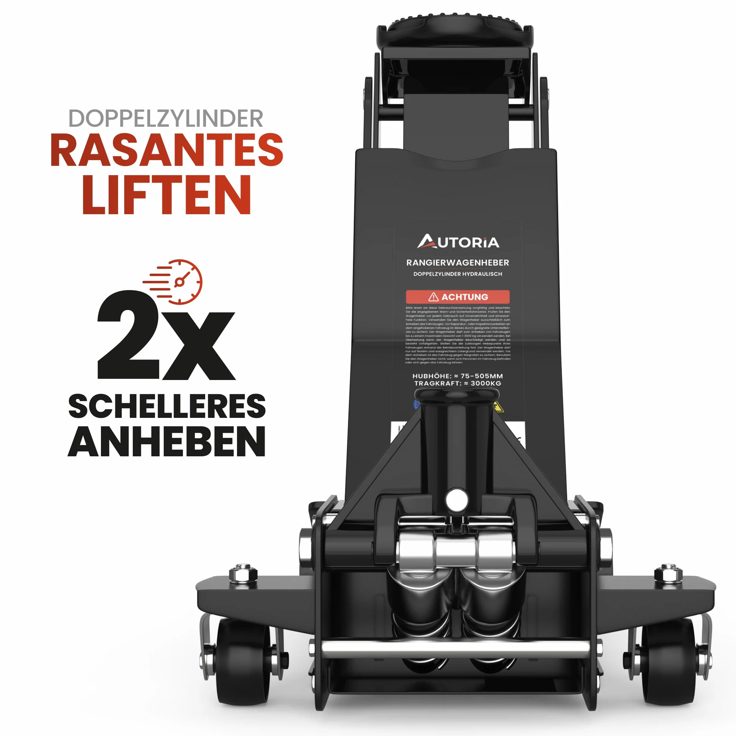 Wagenheber 3T hydraulisch – Flacher Rangierwagenheber mit 2X Gummiauflage & Doppelkolben – Quicklift ab 75 mm Hubhöhe – für PKW, Auto & SUV – bis 3 Tonnen Tragkraft – Profiheber
