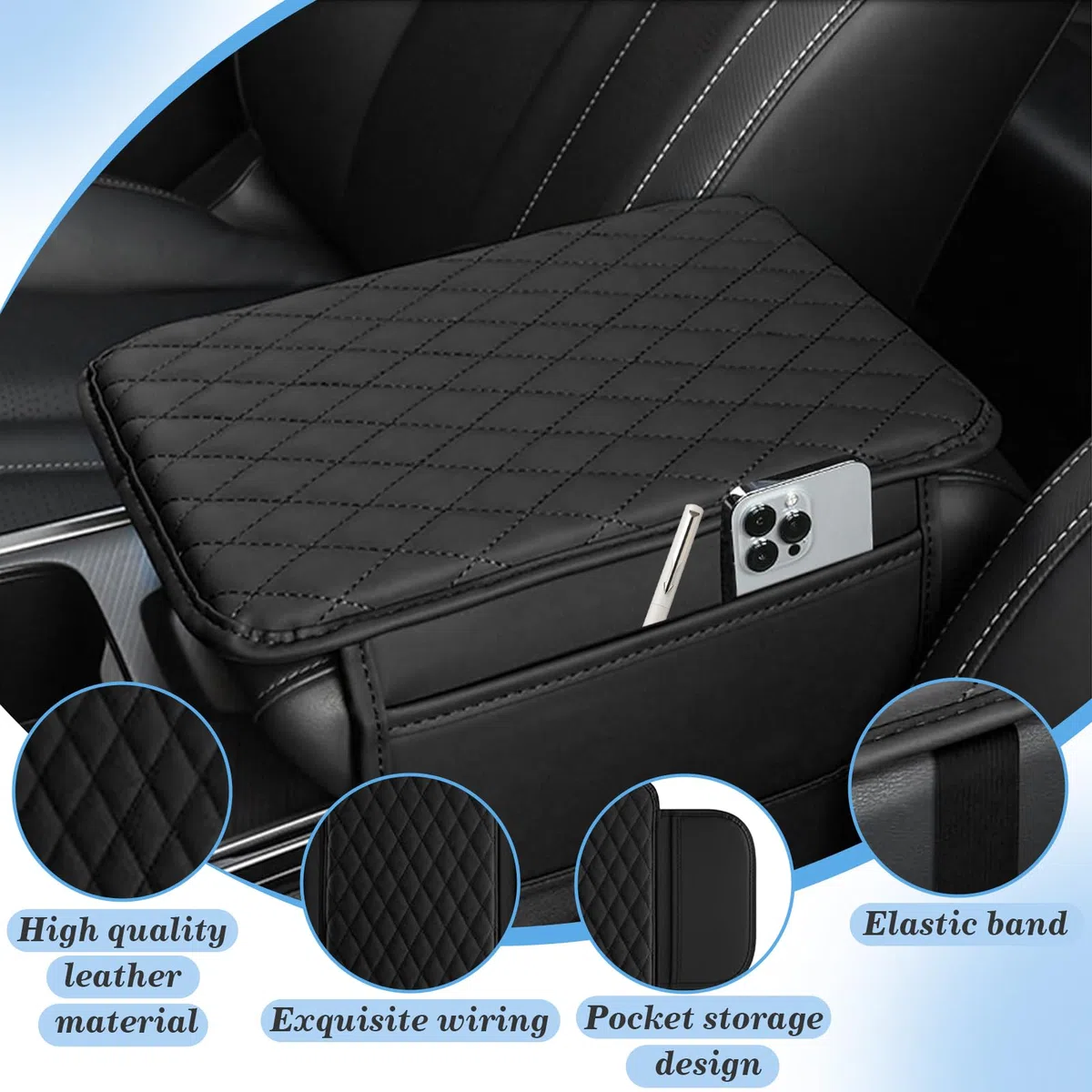 Armlehne Auto, Armlehnen Polster Auto Universal Inklusive 2 Aufbewahrungstasche, Mittelkonsole Autos Box Matte Memory-Schaum, Armlehnenschoner Auto-Innenzubehör für die Meisten Fahrzeuge (Schwarz)