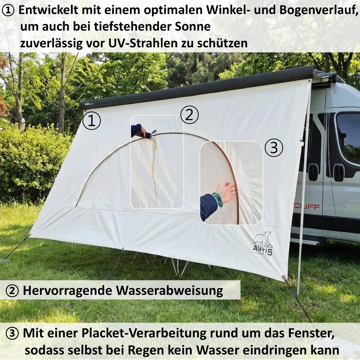 AIRIS Sun & Rain Blocker – Markisenvorderwand oder Seitenwände für Markisen – Premium Baumwollgewebe – Sicht- und Sonnenschutz für Camper & Wohnmobil – deutlich kühler als Polyester