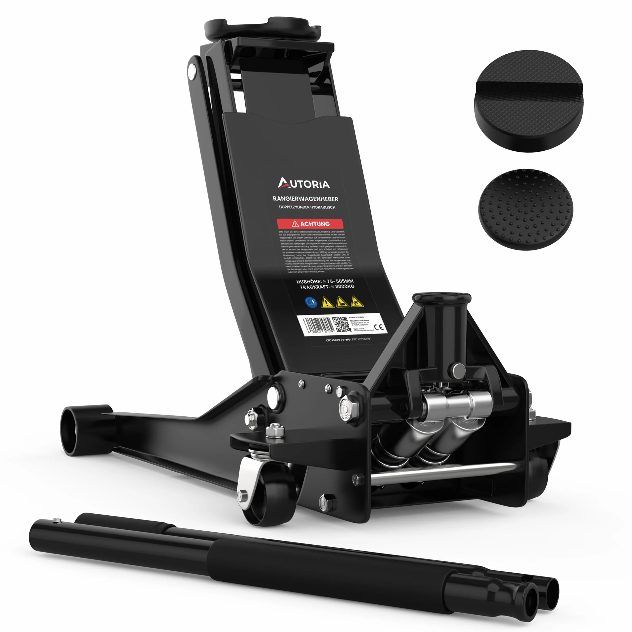 Wagenheber 3T hydraulisch – Flacher Rangierwagenheber mit 2X Gummiauflage & Doppelkolben – Quicklift ab 75 mm Hubhöhe – für PKW, Auto & SUV – bis 3 Tonnen Tragkraft – Profiheber