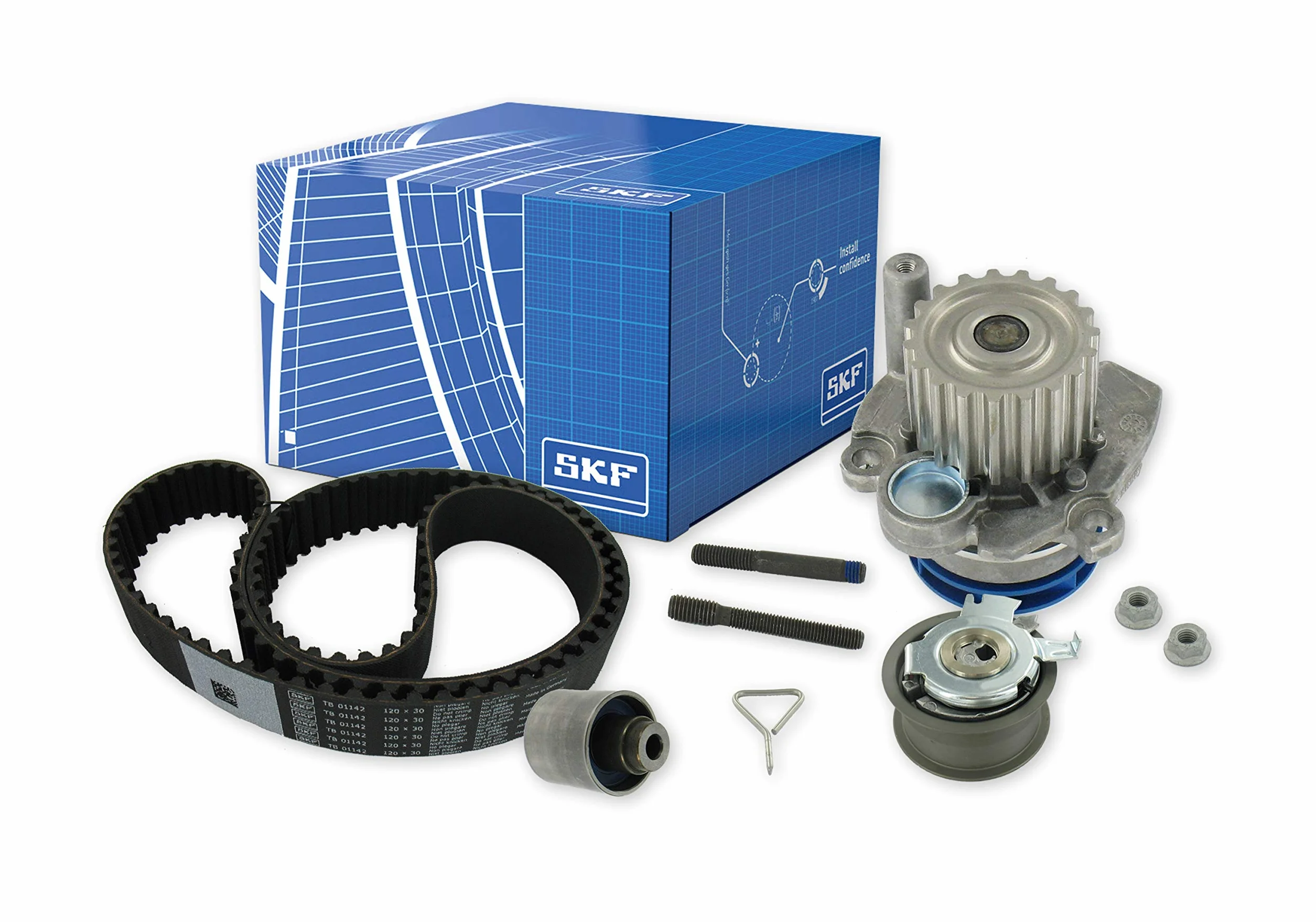 SKF Wasserpumpe und Zahnriemensatz mit Stehbolzen mit Dichtungen/Dichtungen VKMC 01250-1 Höhe 171 mm Länge 271 mm Breite 142 mm - OE-Qualität