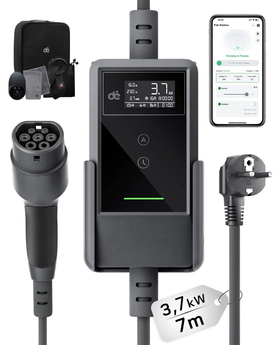 dé Typ 2 Ladekabel Schuko mit APP 3,7kW [7m, 6-16A, 1-phasig] Ladekabel Typ 2 Schuko mit Fernsteuerbarer Leistung - EV Charger 3,7kW für e Auto ID.3/4/5/7, Model Y/3, ENYAQ und Anderen PHEV/EV