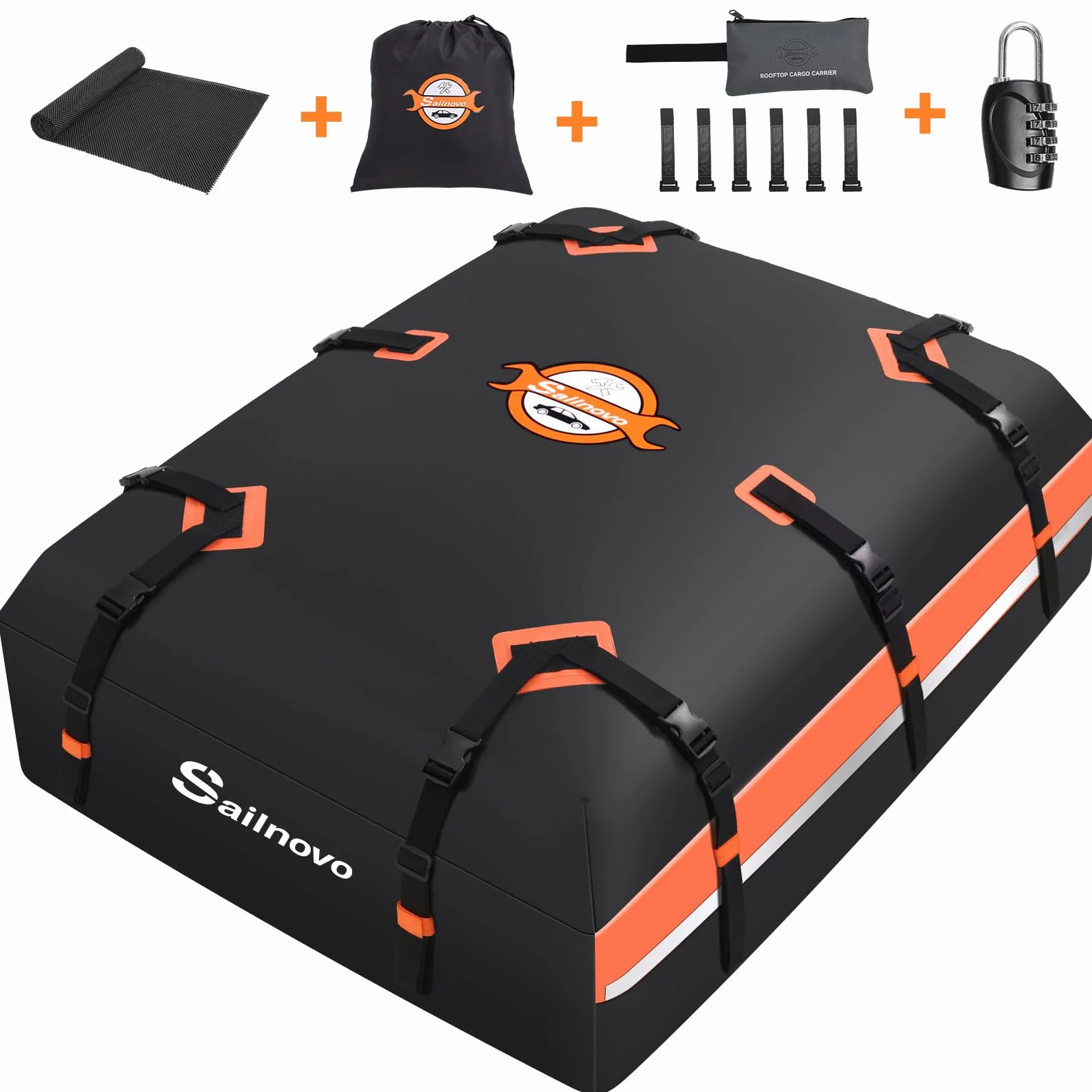 Sailnovo Auto Dachbox, Dachgepäckträger Tasche 21 Kubikfuß Faltbare Wasserdicht 1000D mit Anti-Rutsch-Matte+Gepäckschloss, 10 verstärkte Gurte+6 Türhaken, für alle Fahrzeuge mit/ohne Gepäckträger
