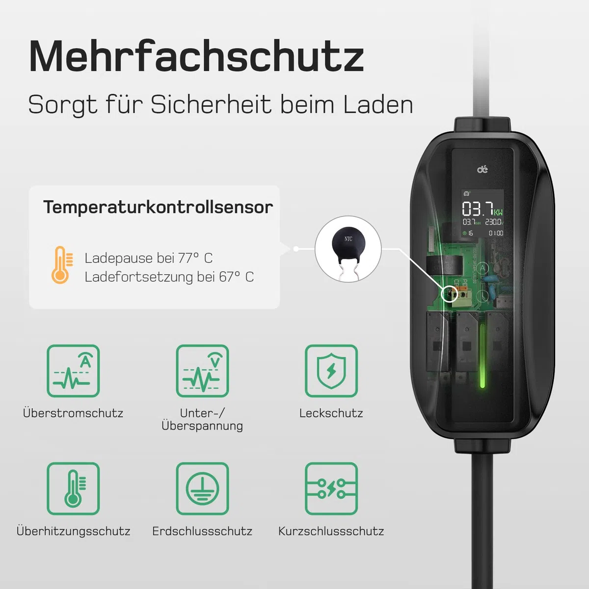 dé Typ 2 Ladekabel Schuko 3,68kW[1-phasig, 6m, 6-16A], EV Chargers mit Steuerbarer Digitalanzeige für Elektroauto, EV Ladegerät für 3008/508, C5X, DS7, GLA, Q3, X3, ZOE, ID.3, ID.4 und Anderen PHEV/EV