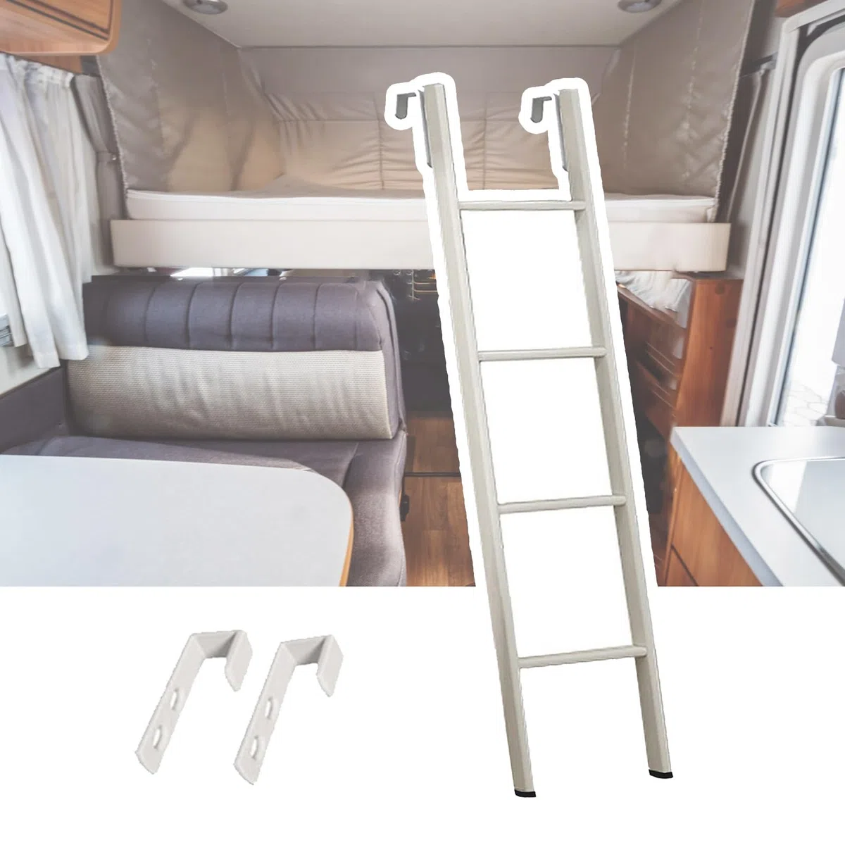 Hochbett Leiter Kurzer Ersatz für Wohnmobil-Kojenleiter, Etagenbettleiter aus Weißem Metall mit Haken, Verstellbare Aufstiegsleiter/ Doppelbettleitern für Schlafsäle Auf Dem Bauernhof, 116/150cm ( Siz
