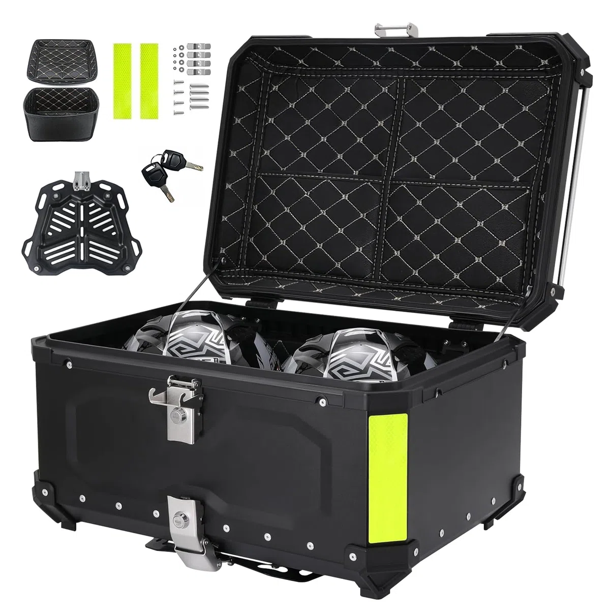 Top Case Moto 65L Universal Aluminium – Wasserdicht IP68, sicherer Heckkoffer, Diebstahlsicherung für 2 Helme, schnelle Demontage für die meisten Motorräder & Roller (schwarz)