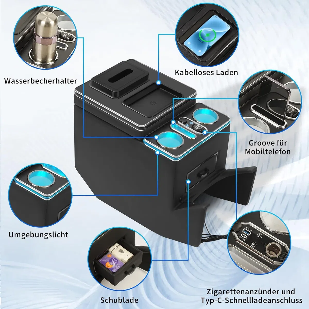 Armlehnenbox Aufbewahrungsbox mit Kabelloses Laden 7-farbigem Umgebungslicht und 4 Helligkeitsstufen passend für Mercedes-Benz V-Klasse V220 V260 V250 W447 [EU-Patent]