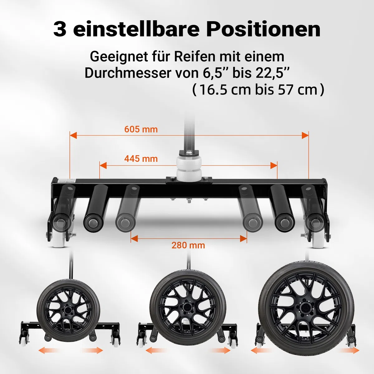 XPOtool Reifenmontagewagen bis 250 kg, Radheber aus Stahl als Radmontagehilfe für 17-56,5 cm (6,5-22,5") Reifen zum Reifen Wechsel, Reifen Montage