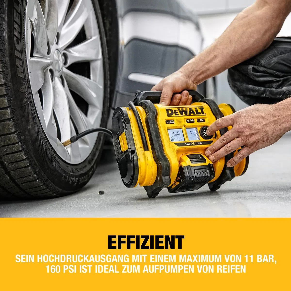 DEWALT 18 Volt Akku- und Netz-Kompressor (für 18V Akkus, Zigarettenanzünder oder 230V-Netz, zum Aufpumpen oder Absaugen von Luft, max. Luftdruck 11 Bar, ohne Akku und Ladegerät), DCC018N-XJ