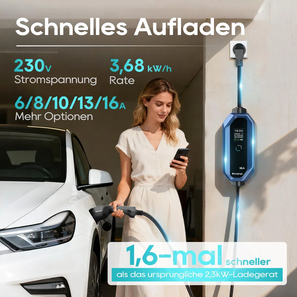 Typ 2 Ladekabel Schuko 3,68kW 6-16A Einstellbarer Strom mit LCD-Display, 5M Kabel, Tragbares EV Ladegerät für Allen Elektroautos IEC 62196-2 Typ 2 und CCS2-Stecker, IP65