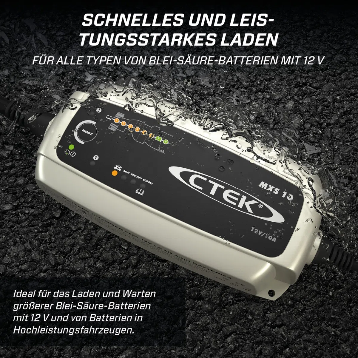 CTEK MXS 10 Batterieladegerät für Größere Fahrzeugbatterien, Batterieladegerät Boot, Wohnwagen, Schwarz, Silber, Rot