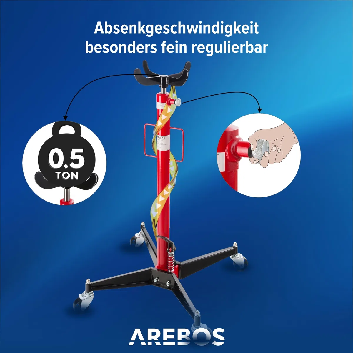 Arebos Getriebeheber hydraulisch | 500 kg Motorheber | Arbeitshöhe 105-185 cm | 4 Lenkrollen inkl. Fußpedal | stufenlos regulierbar | hydraulik | rot/schwarz