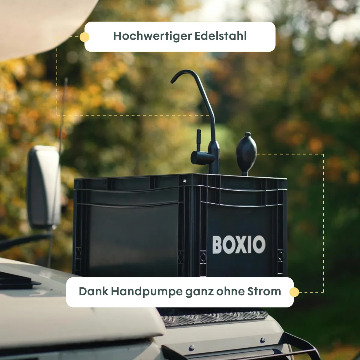 BOXIO - WASH: Mobiles 40x30 Spülbecken, Camping Waschbecken mit Pumpe ohne Strom, Camping Zubehör in Eurobox für den Van Ausbau, Friseur oder outdoor auf Festival & Garten, Spüle als Camping Gadgets