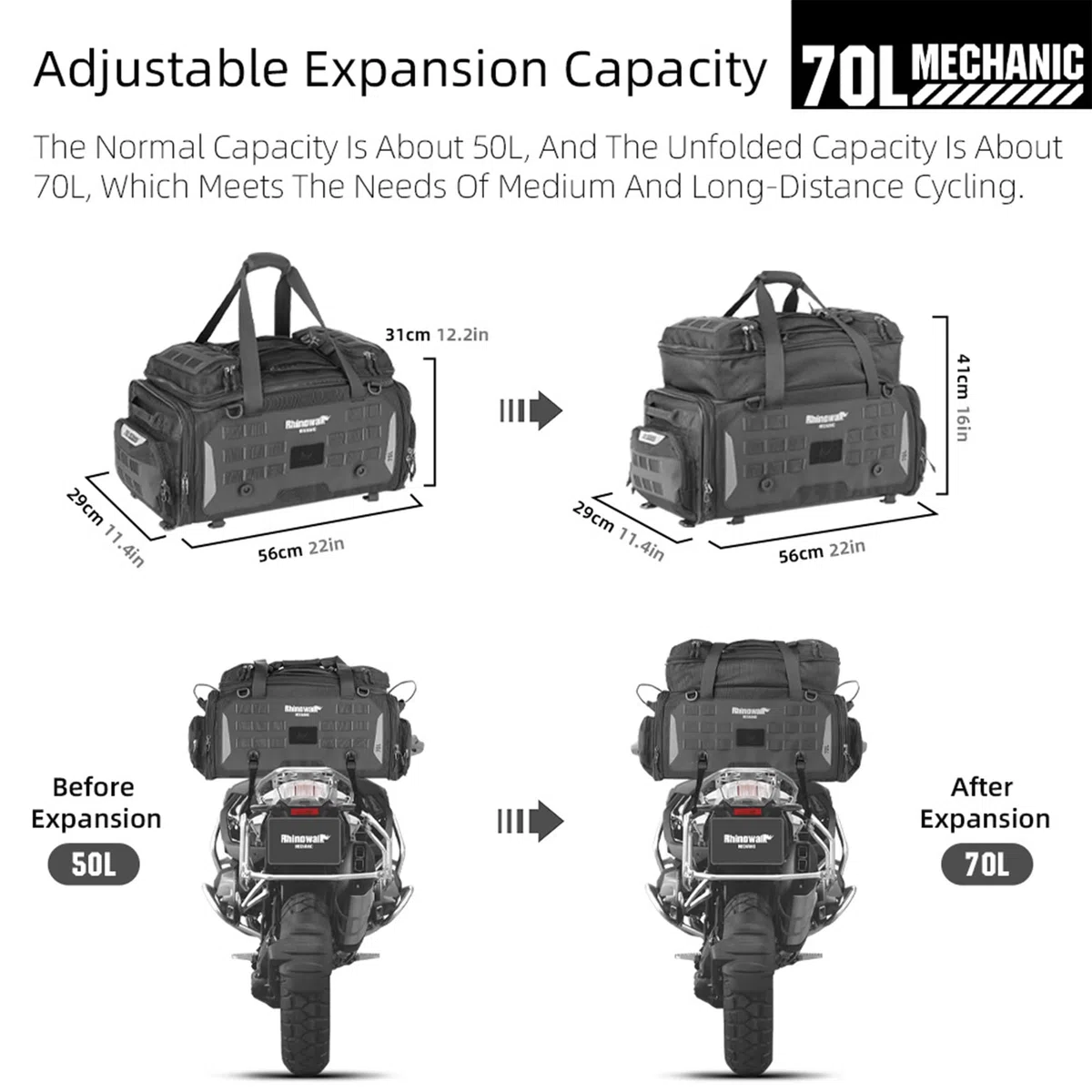 Rhinowalk Motorrad Sitztasche 50-70L Wasserdicht Motor Rücksitztasche Erweiterbar Gepäcktasche Hecktasche Satteltasche Reisetasche Kofferraum Gepäckträgertasche