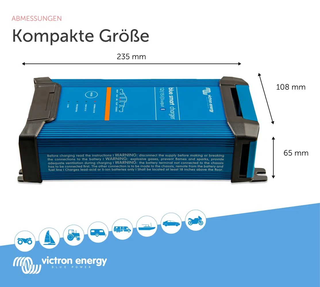 Victron Energy Blue Smart Batterie Ladegerät 12-Volt 15 Ampere 230V - Autobatterie Ladegerät - Batterieerhaltungsgerät und Desulfator - IP22 Geschützt - Bluetooth - 3 Ausgänge - CEE 7/7
