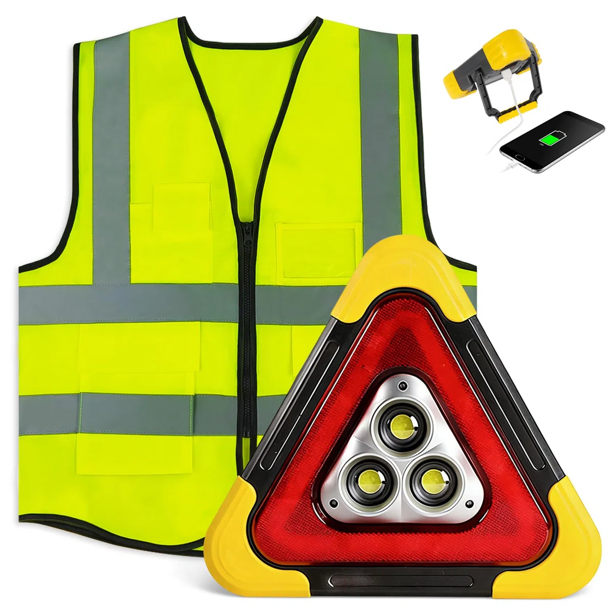 LED Warndreieck Auto Kfz mit Warnwesten Auto, 2-in-1 Solar Pannendreieck mit 4 Lichtmodi & SOS Funktion, Klappbares Tragbares Notfalllicht, Sicherheitsleuchte für Pannenhilfe,Auto,Camping & Reparatur