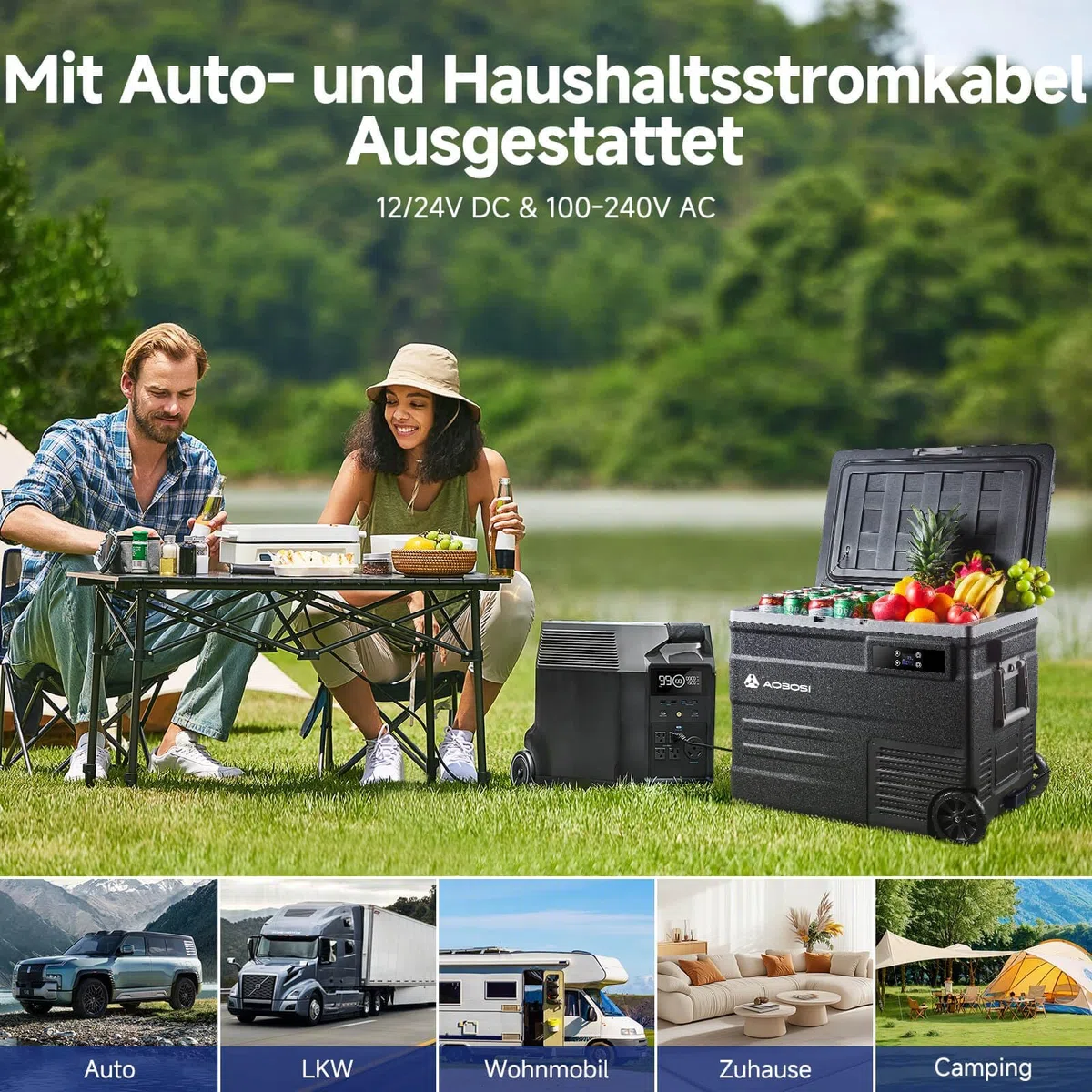 AAOBOSI 55L Kompressor Kühlbox, APP, LED, -20°C bis 20°C, 12/24V & 100-240V, mit Rädern