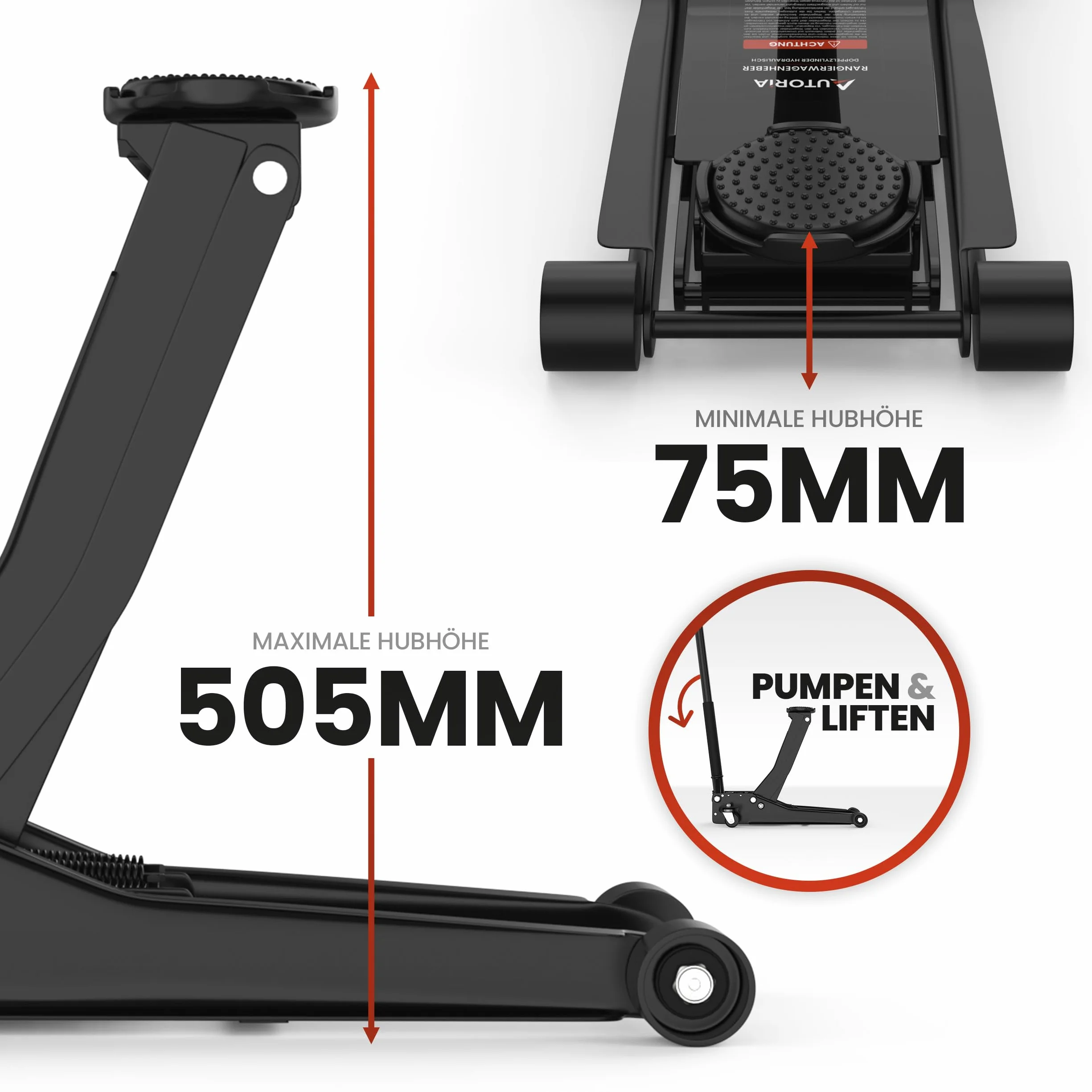 Wagenheber 3T hydraulisch – Flacher Rangierwagenheber mit 2X Gummiauflage & Doppelkolben – Quicklift ab 75 mm Hubhöhe – für PKW, Auto & SUV – bis 3 Tonnen Tragkraft – Profiheber
