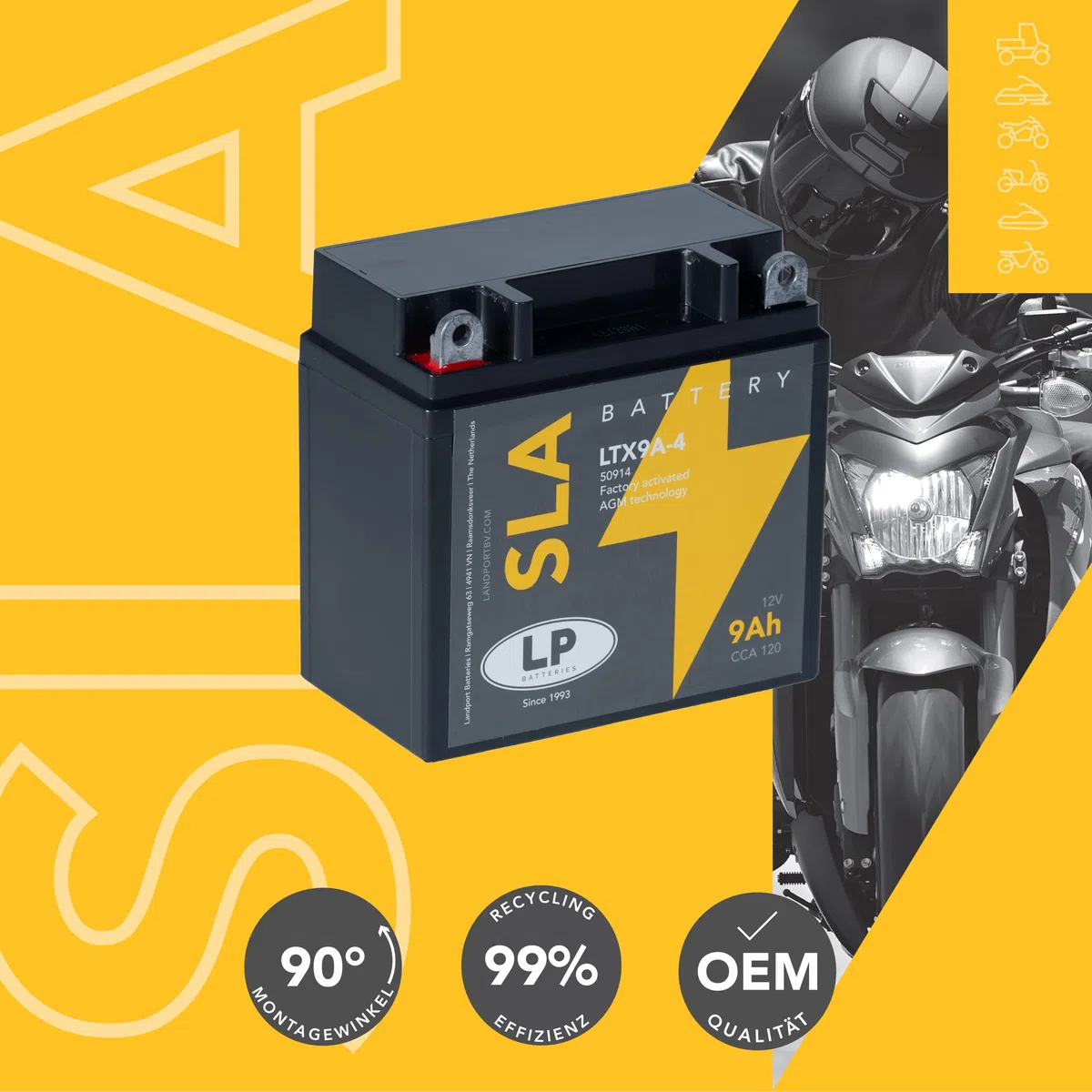 LANDPORT Batterie LTX9A-4 12V 9Ah 135x75x138mm kompatibel für Aprilia RS 125, Piaggio Fly 125, Vespa LX 50