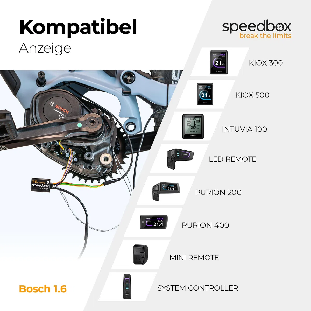 SpeedBox 1.6 B.Tuning mit Bluetooth, kompatibel mit Bosch Smart System (Performance Line CX 5. Gen) für E-Bikes mit Felgenmagnet am Hinterrad, E-Bike Tuning-Chip & SpeedBox App