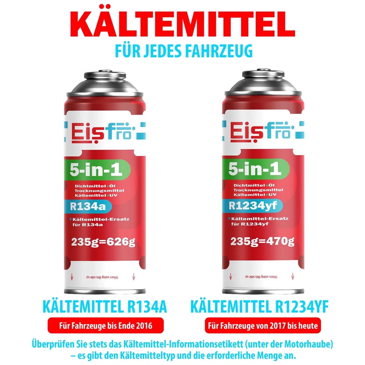 5in1 - Kältemittel R1234yf x2 für Auto Klimaanlage mit Öl, Dichtungsmittel, UV-Farbstoff, Trocknungsmittel - Schnelle Anwendung - Schützt den Kompressor - 235g Jede Dose