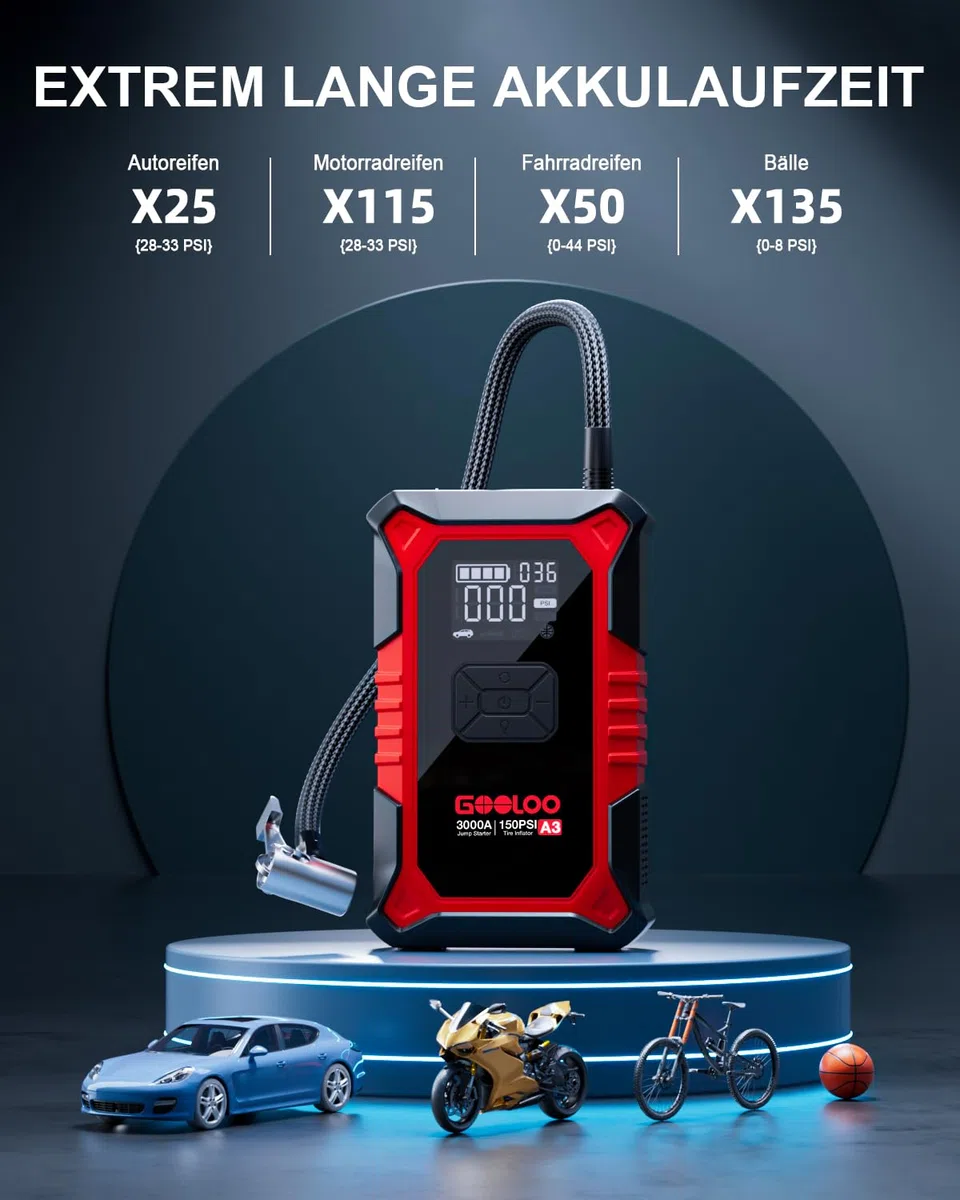 GOOLOO A3 Starthilfe Powerbank mit Kompressor, 3000A 150PSI Spitzenstrom Starter Powerbank für 12V Fahrzeuge(Bis zu 9.0L Benzin/6.5L Diesel), Tragbare Auto Starthilfe mit Digitale und LED