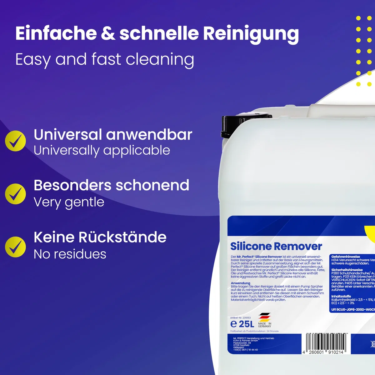 Mr. Perfect® - Silikonentferner 25l | Wachsentferner für Autolack| Der Silikonreiniger entfernt mühelos Fette, Öle & Silikon | Effektive Reinigung | Mit praktischem Dosierhahn