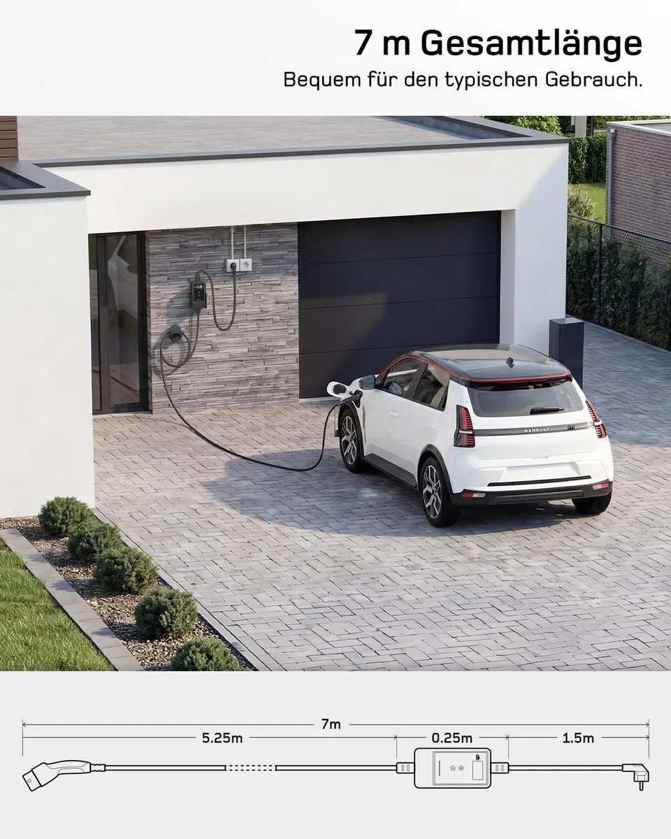 dé Typ 2 Ladekabel Schuko mit APP 3,7kW [7m, 6-16A, 1-phasig] Ladekabel Typ 2 Schuko mit Fernsteuerbarer Leistung - EV Charger 3,7kW für e Auto ID.3/4/5/7, Model Y/3, ENYAQ und Anderen PHEV/EV