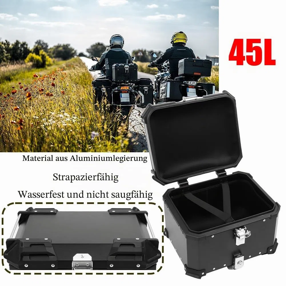 BigKing Motorrad Topcase 45L – Wasserdichter Motorradkoffer mit Schloss & 2 Schlüsseln, Universal Heckbox für Roller & Motorrad, CNC-Aluminium Gepäckbox (Schwarz)