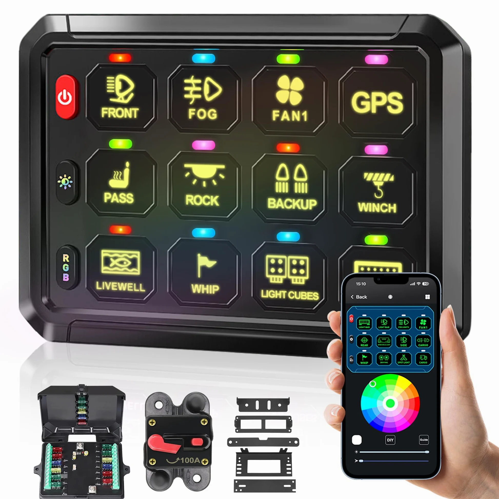 RGB 12-Gang-Schalter-Panel, automatisch dimmbar, Multifunktionsschalter-Panel mit Momentan-Kipp-Impulsspeicher, Aluminium-Schalter-Panel für LKW, Boot, Auto, Wohnmobil,