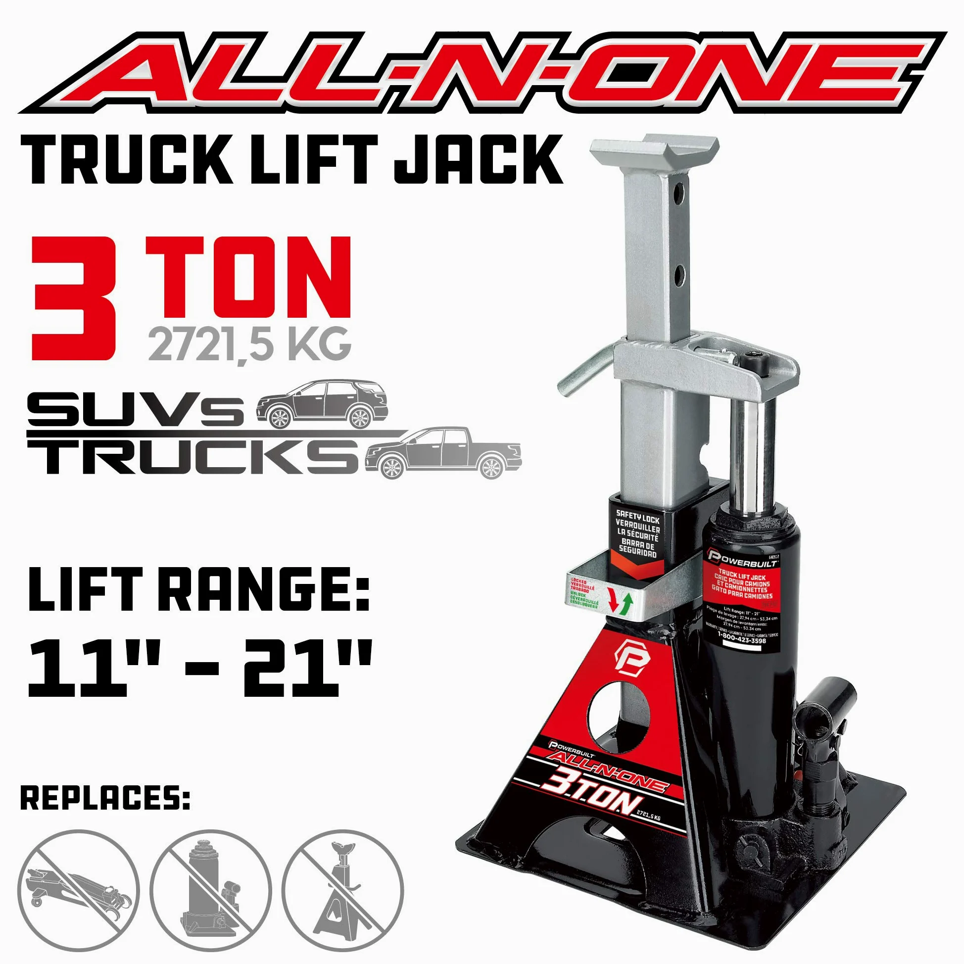 Powerbuilt 3 Tonnen, Wagenheber und Wagenheberständer in einem, 2721,6 kg All-in-One Auto Lift, Heavy Duty Fahrzeug Unijack, 640912